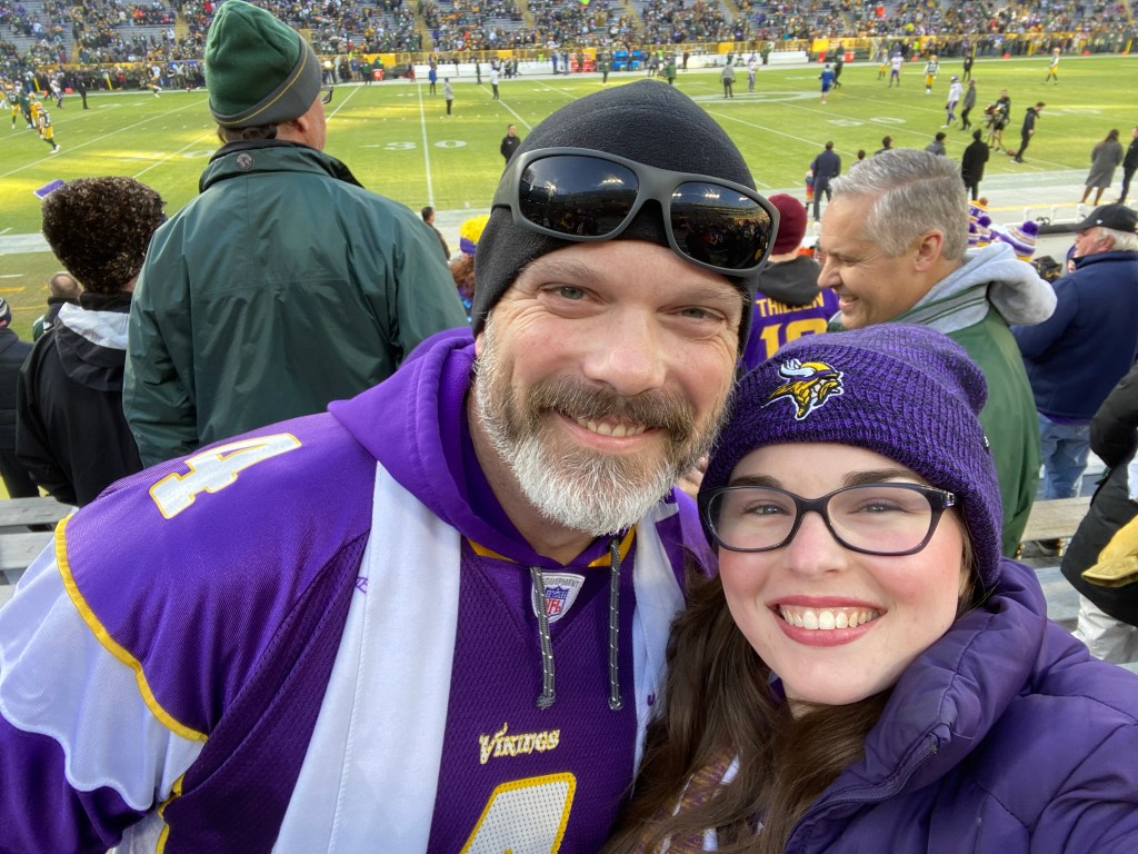 Dad and daughter Minnesota Vikings fans at Lambeau Field